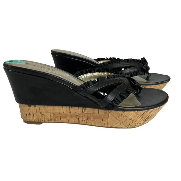 Guess Wedges Sandals Womens Size 8 Black Cork Shiny Summer - Picture 1 of 16